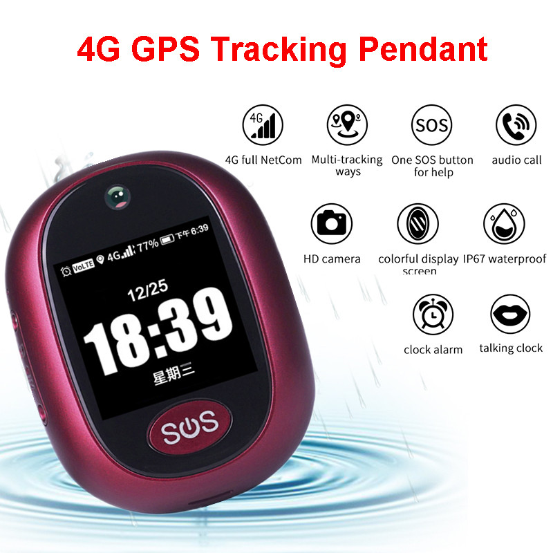 Csfhtech  4G GPS Tracking Pendant V45 For Kids Elder Mini GPS Personal Tracker Alarm Talking Clock Waterproof Red Color