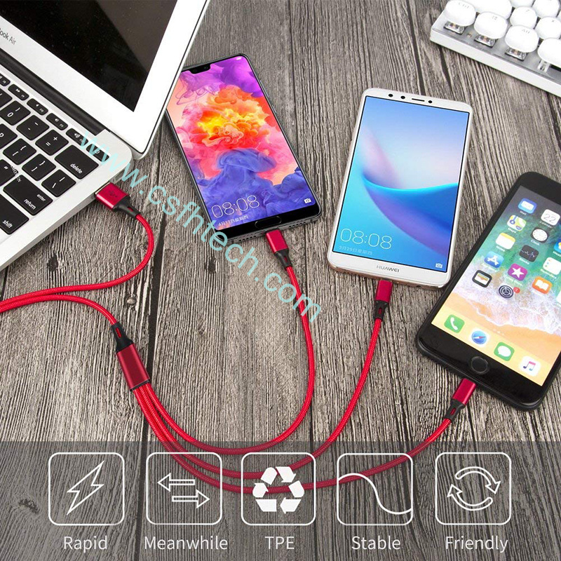 csfhtech Data Line 3 in 1 cable For Android iphone Type-c Mobile Phone Multi-function Usb One Dragging Three Data Charge Cable