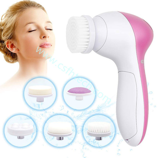 Csfhtech 1set 5 in1 Electric Face Cleaner with brushes personal care acne Facial Massager women skin soft machine beauty tools  Waterproof Facial Brush 5 in 1 Face Cleansing Brush Silicone Facial Brush Deep Cleaning Pore