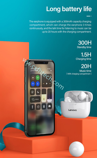 Csfhtech Lenovo Wireless Earphone XT90 TWS Bluetooth 5.0 Sports Headphone Touch Button IPX5 Waterproof Earplugs with 300mAh Charging Box