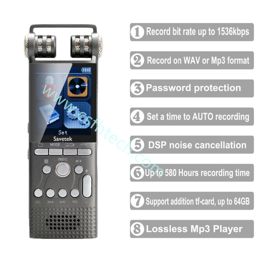  Csfhtech Professional Voice Activated Digital Audio Recorder 16GB 8GB USB Pen Non-Stop 100hr Recording PCM 1536Kbps External Microphone