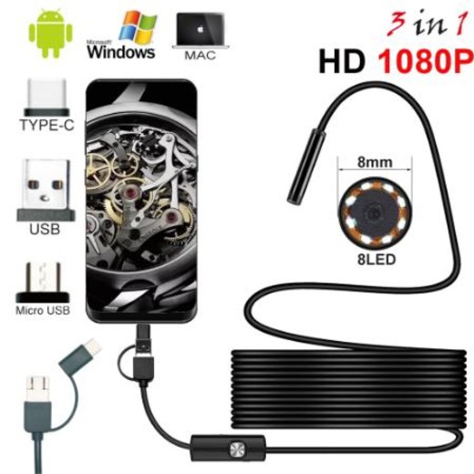 Csfhtech New 8.0mm Endoscope Camera 1080P HD USB Endoscope with 8 LED 1/2/5M Cable Waterproof Inspection Borescope for Android PC