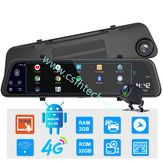  Csfhtech 4G Dash Cam 12 Inch Car Rearview Mirror ADAS Android 8.1 FHD Auto Recorder GPS Navigation Dash Camera Rear View Mirror Car DVR