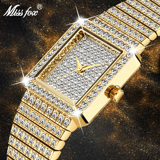 Csfhtech MISSFOX Diamond Watch For Women Luxury Brand Ladies Gold Square Watch Minimalist Analog Quartz Movt Unique Female Iced Out Watch