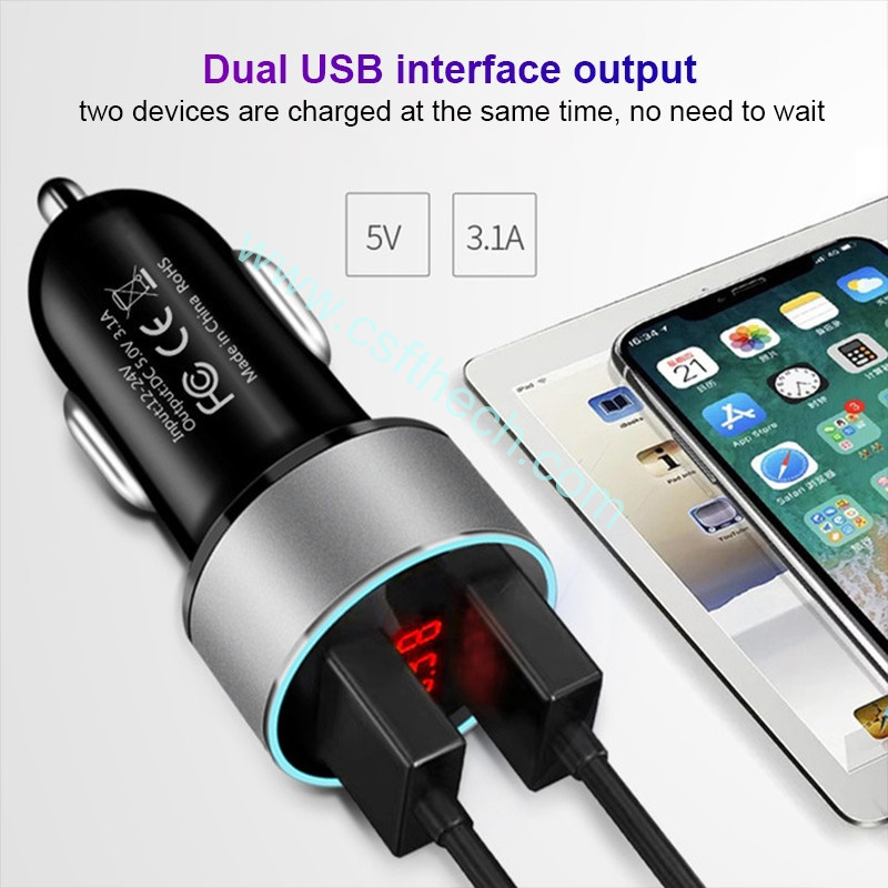 Csfhtech  Car Charger Power Adapter LED Light Dual USB Charger Socket 5V 3.1A ABS Aluminum For iPhone Samsung Huawei iPad Tablet MP3 Camer (2).jpg