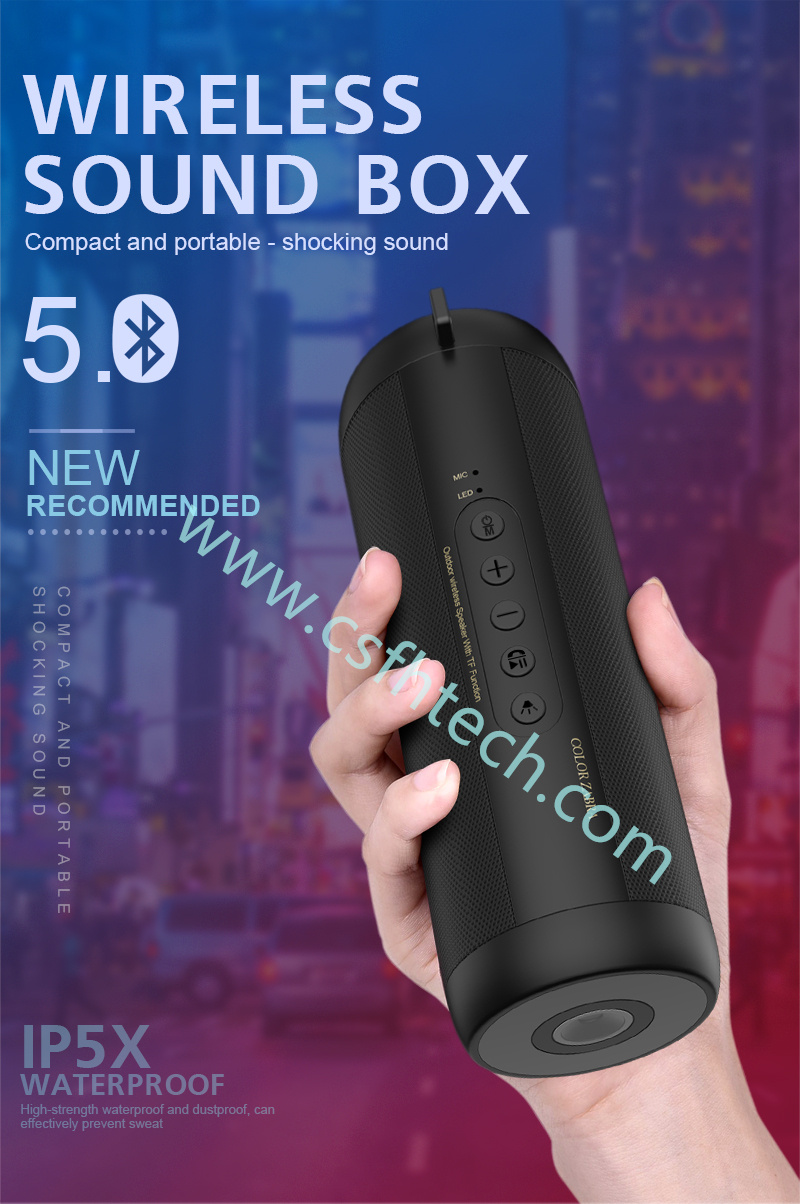 Csfhtech  T2 Bluetooth Music Bass Speaker Waterproof Portable Outdoor LED Wireless Column Loudspeaker Support TF Card FM Radio Aux Input (1).jpg