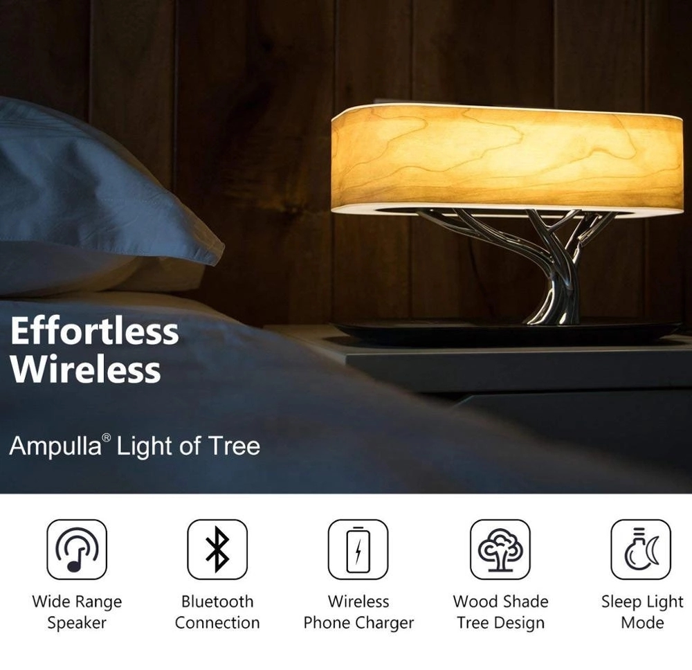 2020 Wholesale The Desktop Lamp Wireless Charging Smart Music Wooden Tree Shape Bedside Lamp Mobile Phone  Wireless Charging With Night Light Made In China Factory