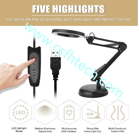 Csfhtech Foldable Professional 5X Magnifying Glass Desk Lamp Magnifier LED Light Reading Lamp with Three Dimming Modes USB Power Sup