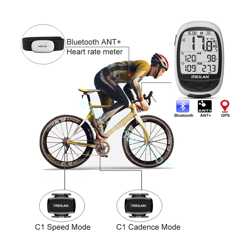 Csfhtech Meilan M2 GPS Bicycle Computer Wireless Speedometer BLE4.0/ANT+ Bike Odometer Speed / Cadence Sensor Heart Rate Monitor Optional