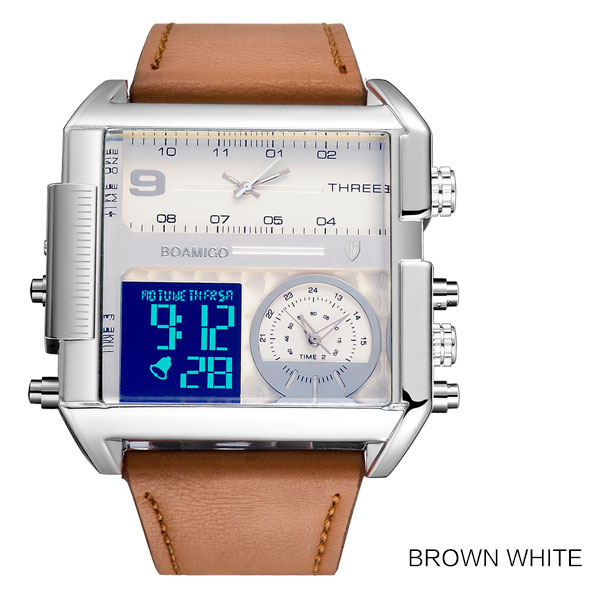 csfhtech brand men sports watches 3 time zone big man fashion military LED watch leather quartz wristwatches aterproof men's watch