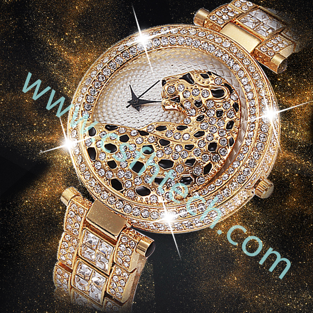 Csfhtech MISSFOX Women Quartz Watch Fashion Bling Casual Ladies Watch Female Quartz Gold Watch Crystal Diamond Leopard For Women Clock