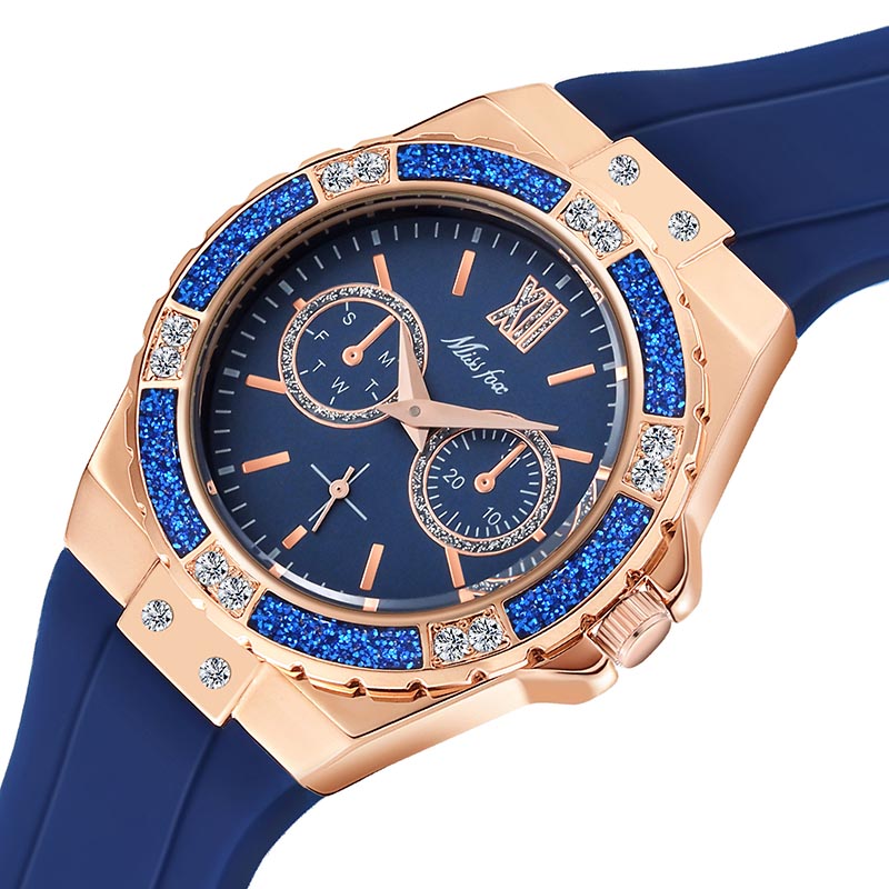 Csfhtech MISSFOX Women's Watches Chronograph Rose Gold Sport Watch Ladies Diamond Blue Rubber Band Xfcs Analog Female Quartz Wristwatch