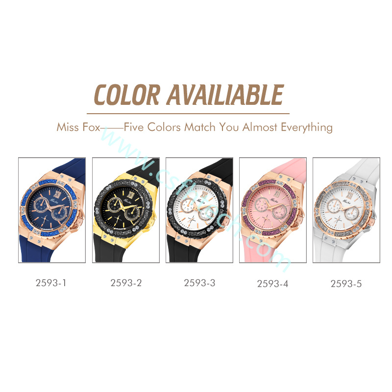 Csfhtech MISSFOX Women's Watches Chronograph Rose Gold Sport Watch Ladies Diamond Blue Rubber Band Xfcs Analog Female Quartz Wristwatch