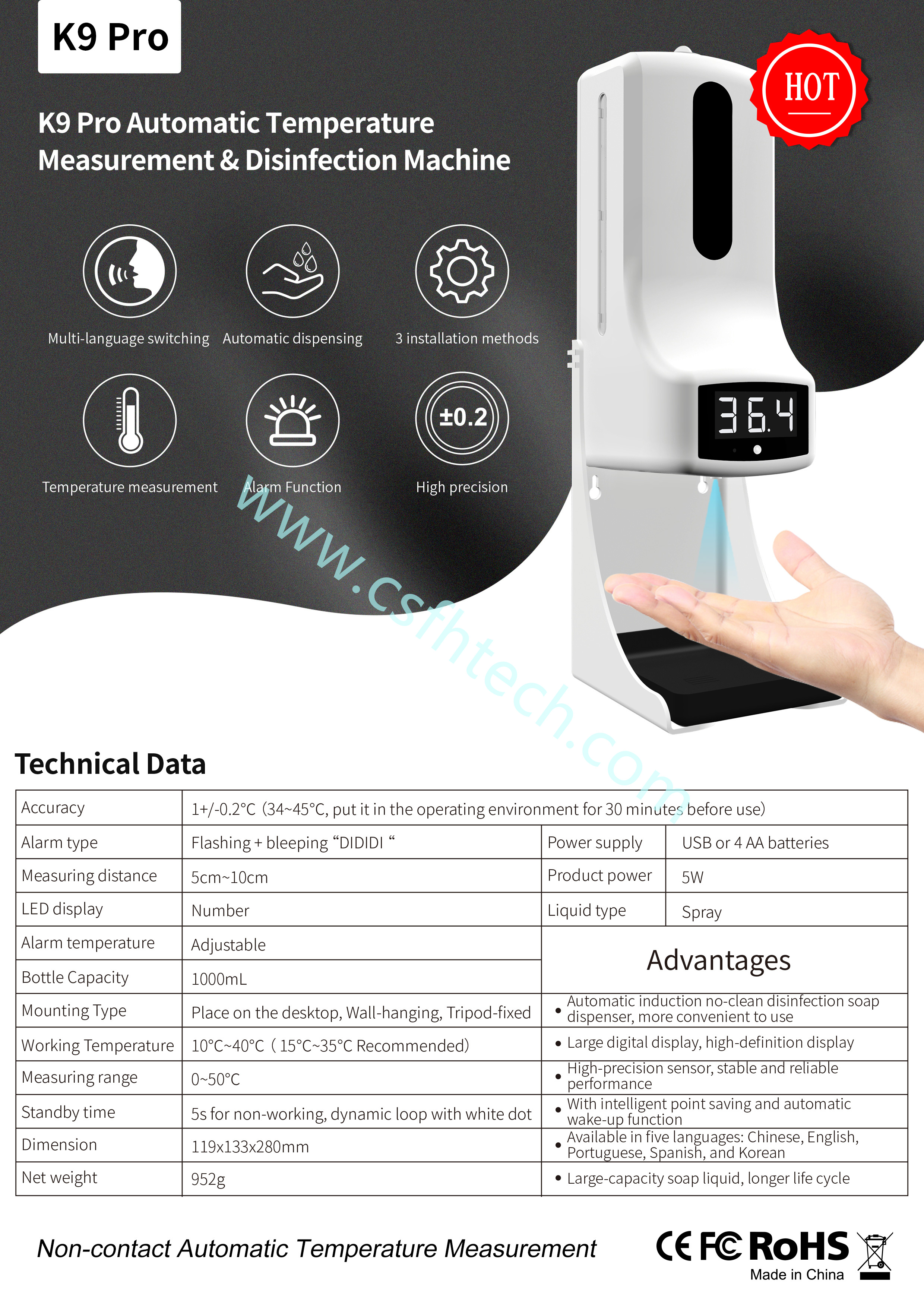 Csftech K9PRO Automatic Liquid Soap Dispenser Smart Sensor Digital Non-Contact Infrared Thermometer Hands Washing Free Sanitizer Machine