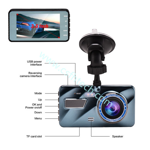 Csfhtech  Car DVR Dash Cam Video recorder 3 in 1Rear View Dual Camera Full HD Car Camera 3.6Cycle Recording Night Vision G-sensor Dashcam
