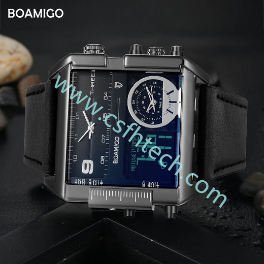 csfhtech brand men sports watches 3 time zone big man fashion military LED watch leather quartz wristwatches aterproof men's watch
