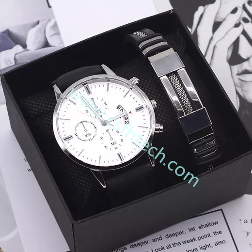 Csfhtech Men Watch Bracelet Set Fashion Sport Wrist Watch Alloy Case Leather Band Watch Quartz Business Wristwatch calendar Clock Gift