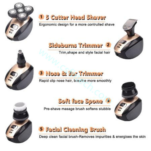 Csftech  5 In 1 4D Men's Rechargeable Bald Head Electric Shaver 5 Floating Heads Beard Nose Ear Hair Trimmer Razor Clipper Facial Brush