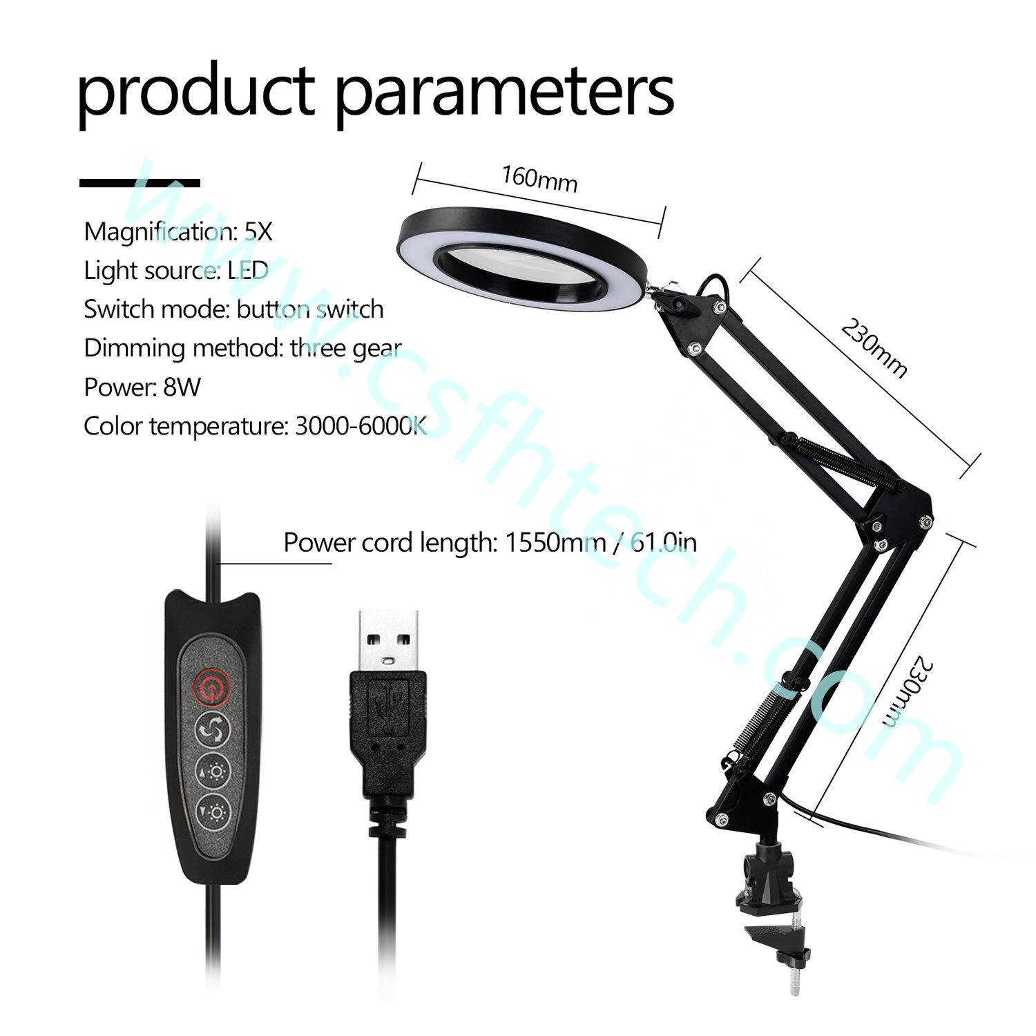 8  Foldable Professional 5X Magnifying Glass Desk Lamp Magnifier LED Light Reading Lamp with Three Dimming Modes USB.jpg