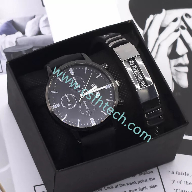 Csfhtech  2021 Men Watch Bracelet Set Fashion Sport Wrist Watch Alloy Case Leather Band Watch Quartz Business Wristwatch calendar Clock Gift1 (2).jpg